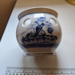 Delft Blue Crocus Planter Hand Painted Windmill & Boat Scene Holland Blue